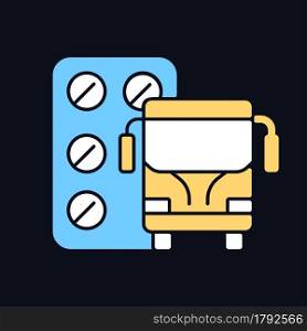 Pills for motion sickness RGB color icon for dark theme. Nausea, vomiting reducing. Travel sickness. Isolated vector illustration on night mode background. Simple filled line drawing on black. Pills for motion sickness RGB color icon for dark theme