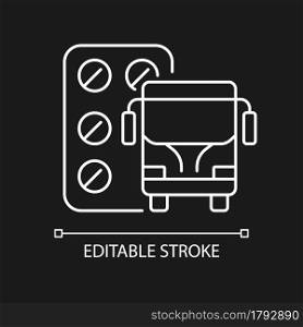 Pills for motion sickness white linear icon for dark theme. Preventing travel sickness, nausea. Thin line customizable illustration. Isolated vector contour symbol for night mode. Editable stroke. Pills for motion sickness white linear icon for dark theme