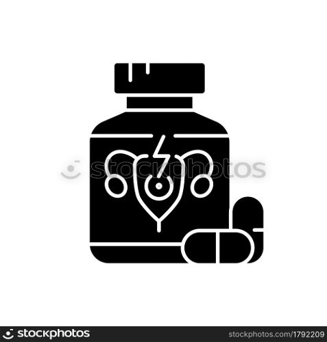 Pills for period cramps black glyph icon. Relieve painful menstruation. Anti-inflammatory drug. Calming abdominal cramping. Silhouette symbol on white space. Vector isolated illustration. Pills for period cramps black glyph icon