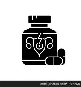 Pills for period cramps black glyph icon. Relieve painful menstruation. Anti-inflammatory drug. Calming abdominal cramping. Silhouette symbol on white space. Vector isolated illustration. Pills for period cramps black glyph icon