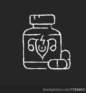 Pills for period cramps chalk white icon on dark background. Relieve painful menstruation. Anti-inflammatory drug. Calming abdominal cramping. Isolated vector chalkboard illustration on black. Pills for period cramps chalk white icon on dark background