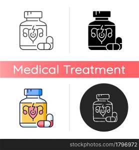 Pills for period cramps icon. Relieve painful menstruation. Anti-inflammatory drug. Period pain treatment. Calming abdominal cramping. Linear black and RGB color styles. Isolated vector illustrations. Pills for period cramps icon