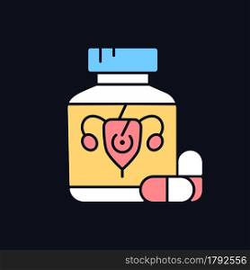Pills for period cramps RGB color icon for dark theme. Relieve painful menstruation. Anti-inflammatory drug. Isolated vector illustration on night mode background. Simple filled line drawing on black. Pills for period cramps RGB color icon for dark theme
