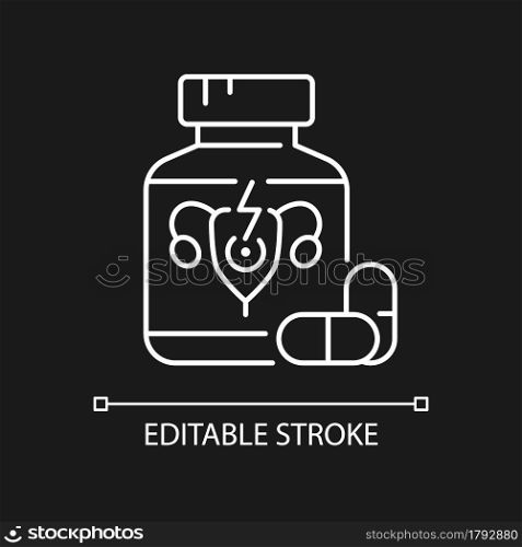 Pills for period cramps white linear icon for dark theme. Relieve painful menstruation. Thin line customizable illustration. Isolated vector contour symbol for night mode. Editable stroke. Pills for period cramps white linear icon for dark theme