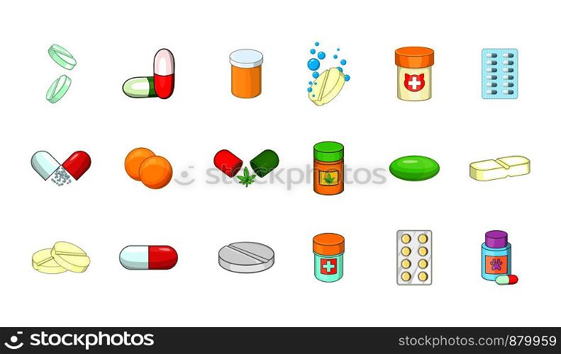 Pills icon set. Cartoon set of pills vector icons for web design isolated on white background. Pills icon set, cartoon style