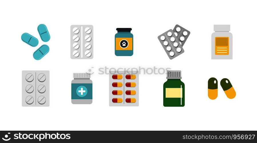 Pills icon set. Flat set of pills vector icons for web design isolated on white background. Pills icon set, flat style