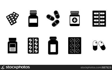 Pills icon set. Simple set of pills vector icons for web design isolated on white background. Pills icon set, simple style