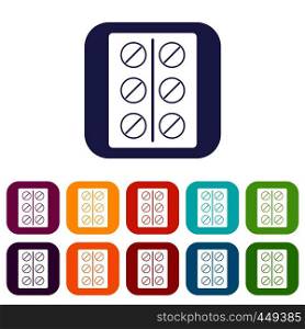 Pills icons set vector illustration in flat style In colors red, blue, green and other. Pills icons set flat
