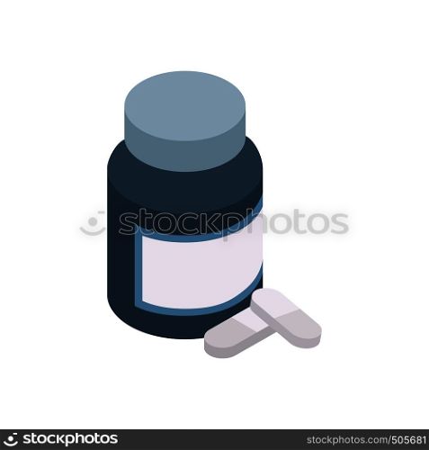 Pills in a bottle icon in isometric 3d style on a white background. Pills in a bottle icon, isometric 3d style