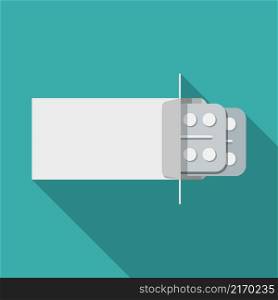 Pills in the white box. Simple flat illustration of blisters with with pills and opened box.. Blisters with pills in the opened white box