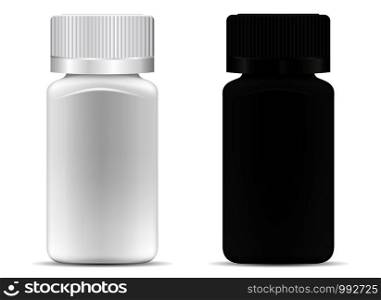Pills jar. White and black medical container for drugs, diet, nutritional supplements. Vector illustration of square bottle isolated on white background.. Pills jar. White and black medical container drugs