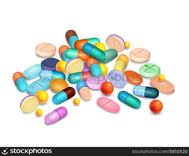 Pills Medical Realistic Composition . Colored pills and granules medical realistic composition on white vector illustration