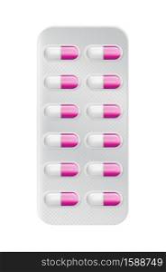 Pills or capsules white in blister package for tablet design.