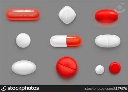 Pills, tablets and drug medicines, red and white capsules with granules. Oval, rhombus and round medicament painkillers, antibiotics, contraception, bio active additives, Realistic 3d vector set. Pills, tablets and drugs red and white capsules