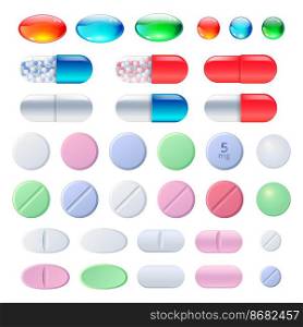 Pills, tablets and medicine drugs, colorful capsules with granulated filler. Oval and round medicament painkillers, antibiotics, vitamins, amino acid, mineral, bio active additives, Cartoon vector set. Pills, tablets and medicine drugs, capsules set