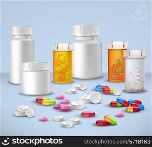 Pills tablets and medicines in plastic bottle packages decorative icons set vector illustration