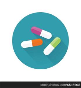 Pills Vector Illustration In Flat Style Design. Pills vector illustration in flat style design. Variety types of drugs, dragees, gelatin capsules, pill. Antibiotic, analgesic, antidepressant. Pharmaceuticals goods. Isolated on white background.