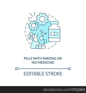 Pills with wrong or no medicine concept icon. Buying drugs. Online pharmacy idea thin line illustration. Unregistered pharmacies threats. Vector isolated outline RGB color drawing. Editable stroke. Pills with wrong or no medicine concept icon.