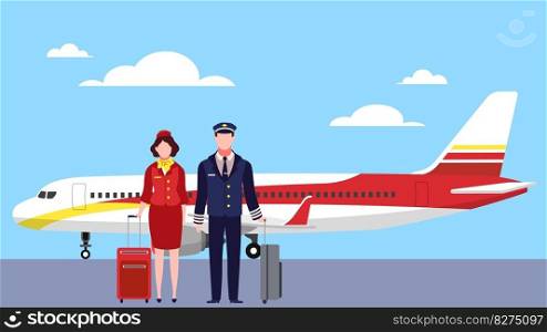 Pilot and flight attendant standing with suitcases at airport near plane. Professional aviation workers in uniform, cabin crew and captain cartoon flat style isolated illustration. Vector concept. Pilot and flight attendant standing with suitcases at airport near plane. Professional aviation workers in uniform, cabin crew and captain cartoon flat illustration. Vector concept