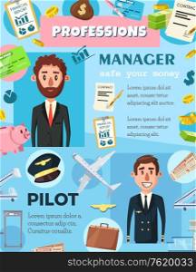 Pilot and manager professions in aviation and business industry. Vector people and professional work items, pilot crew or airport staff and flight attendant, company director or office worker. Business manager and aviation pilot professions