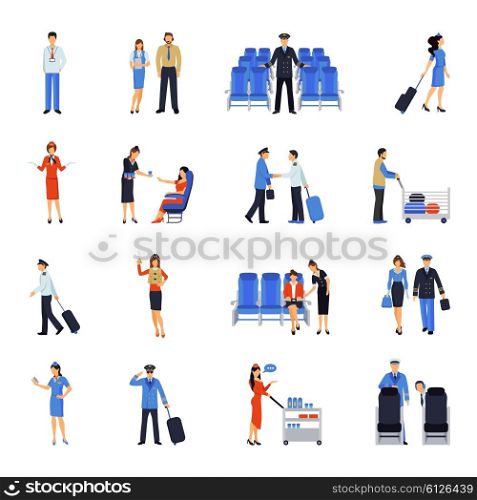 Pilot And Stewardess Flat Icons Set. Pilot and stewardess at work during the flight and at the airport flat icons collection abstract vector illustration