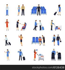 Pilot And Stewardess Flat Icons Set. Pilot and stewardess at work during the flight and at the airport flat icons collection abstract vector illustration
