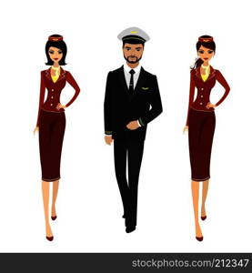 Pilot and two flight attendants in the uniform of standing. Isolated on white background, vector illustration. Pilot and two flight attendants