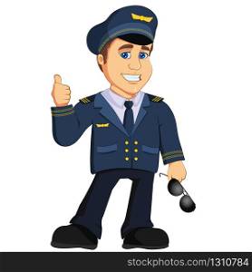 Pilot Aviation Captain Vector illustration cartoon mascot character in uniform isolated smiling, with sunglasses and thumbs up.. Pilot Aviation Captain Vector illustration cartoon mascot character