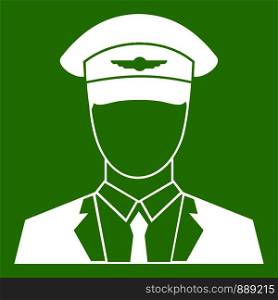 Pilot icon white isolated on green background. Vector illustration. Pilot icon green