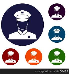 Pilot icons set in flat circle reb, blue and green color for web. Pilot icons set