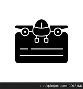 Pilot license black glyph icon. Process of certification. Civil aviation school. Silhouette symbol on white space. Flight safety. State regulatory body. Vector isolated illustration. Pilot license black glyph icon