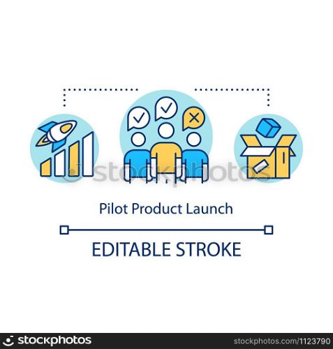 Pilot product launch concept icon. Production strategy idea thin line illustration. Test sales. Trial run for project. Testing product by customers. Vector isolated outline drawing. Editable stroke