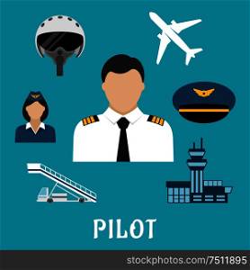 Pilot profession flat icons with captain in white uniform surrounded by stewardess, airplane, flight helmet, peaked cap, modern airport building and aircraft steps. Pilot profession and aircraft icons