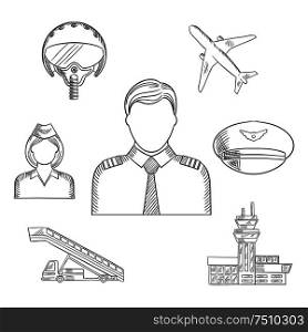Pilot profession sketched icons with captain in uniform surrounded by stewardess, airplane, flight helmet, peaked cap, airport building and aircraft steps. Sketch style. Pilot profession and aircraft sketched icons set
