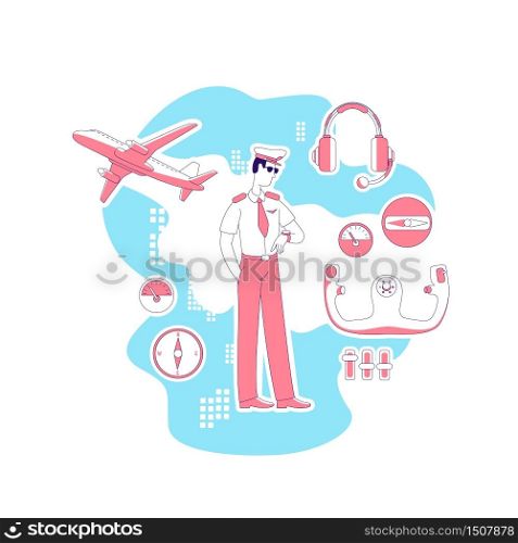 Pilot thin line concept vector illustration. Male aviator looking at watch, man in uniform 2D cartoon character for web design. Aviation, international flight, transportation creative idea