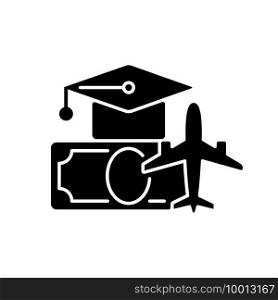 Pilot training financing black glyph icon. Civil aviation crisis. Goverment helping funding for aviation. High quality education. Silhouette symbol on white space. Vector isolated illustration. Pilot training financing black glyph icon