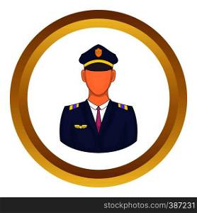 Pilot vector icon in golden circle, cartoon style isolated on white background. Pilot vector icon
