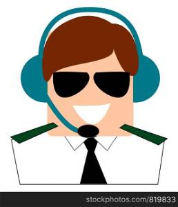 Pilot with glasses, illustration, vector on white background.