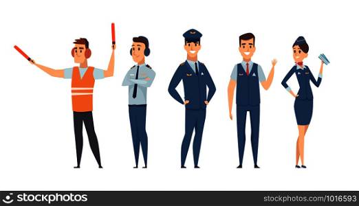 Pilots. Avia company persons crew pilots stewardess airplane command civil aviation vector characters in cartoon style. Pilot and stewardess, people transport service in uniform illustration. Pilots. Avia company persons crew pilots stewardess airplane command civil aviation vector characters in cartoon style