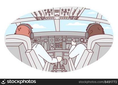 Pilots in cabin of airplane during flight. Aircraft crew in front of plant. Aviation and flying. Vector illustration. . Pilots in airplane cabin