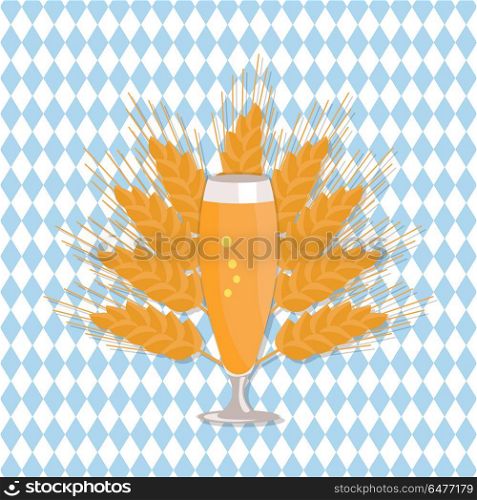 Pilsner Glass of Beer Isolated on White Background. Pilsner glass of beer vector illustration on checkered backdrop with ears of wheat. Refreshing alcoholic beverage in transparent glassware flat style