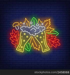 Pilsner glasses neon sign. Brasserie, booze barn, Oktoberfest. Night bright advertisement. Vector illustration in neon style for pub banners and advertising