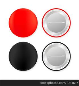 Pin badges. Red and black round blank button. Souvenir magnet badging mockup. Vector stock illustration. Pin badges. Red and black round blank button. Souvenir magnet badging mockup. Vector stock illustration.