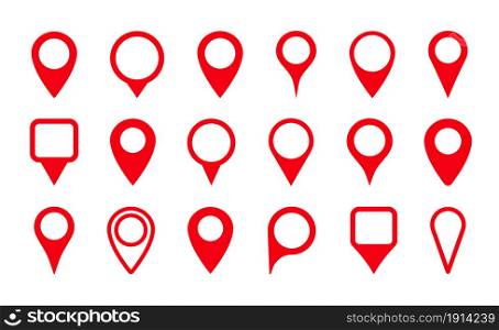 Pin icon for map location. Pointer, marker for gps, geo position and place. Tag or symbol of destination in travel and road. Set of red map point on white background. Sign of navigation. Vector.. Pin icon for map location. Pointer, marker for gps, geo position and place. Tag or symbol of destination in travel and road. Set of red map point on white background. Sign of navigation. Vector