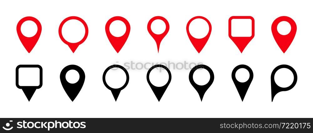 Pin icon for map location. Pointer, marker for gps, geo position and place. Tag or symbol of destination in travel and road. Set of red, black map point on white background. Sign of navigation. Vector. Pin icon for map location. Pointer, marker for gps, geo position and place. Tag or symbol of destination in travel, road. Set of red, black map point on white background. Sign of navigation. Vector.