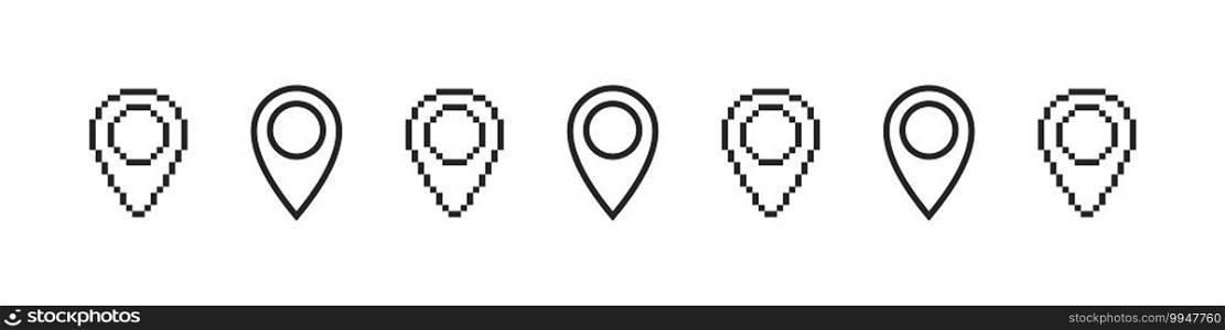 Pin Location Icon. Map pointer. Pixel and linear icons. Vector illustration