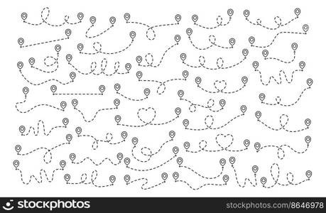 Pin map dotted line route set. Navigation pointers spotted lines elements collection. Vector illustration isolated on white.. Pin map dotted line route set.