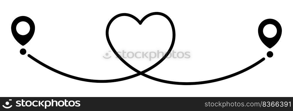 Pin map line in heart shape. Navigation pointers. Vector illustration isolated on white.. Pin map line in heart shape.