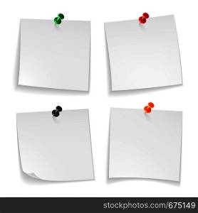 Pin notes. White note papers curled corner with pinned colored push button office board announcement message, realistic pushpin vector set. Pin notes. White note papers curled corner with pinned colored push button office board announcement message, realistic vector set