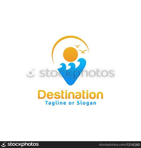 Pin or locator icon incorporated with palm tree and sun. Logo design related to tourism destination or travel agency